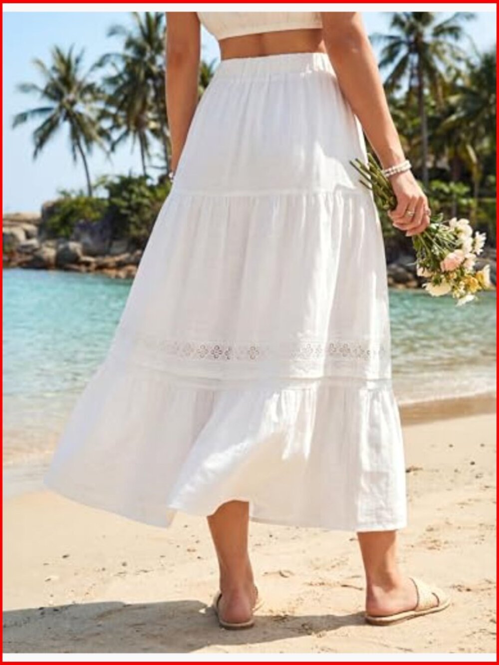 Maxi Skirt High Waist Tiered Flowy Boho Casual with Pockets - Picture 3 of 7